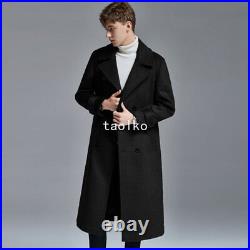 Men's Double Breasted Long Trench Coats Woolen Lapel Collar Knee Length Overcoat