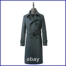 Men's Double Breasted Long sleeve Wool Jacket Outwear Mid Length Trench Coat L
