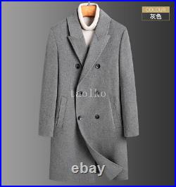 Men's Double Breasted Woolen Blend Mid Long Trench Coat Business Jacket Overcoat