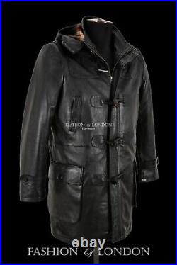 Men's Duffel Coat Real Leather Black Napa Hooded Knee Length Horn Toggle Jacket