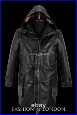 Men's Duffel Coat Real Leather Black Napa Hooded Knee Length Horn Toggle Jacket