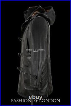 Men's Duffel Coat Real Leather Black Napa Hooded Knee Length Horn Toggle Jacket