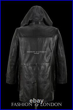 Men's Duffel Coat Real Leather Black Napa Hooded Knee Length Horn Toggle Jacket