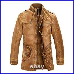 Men's Faux Leather Stand Collar Lined Motorcycle Mid Long Trench Coat Jacket Zip