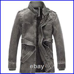 Men's Faux Leather Stand Collar Lined Motorcycle Mid Long Trench Coat Zip Jacket