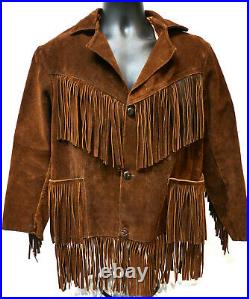 Men's Fringe Genuine Leather Western Style Coat Jacket Brown Small Size 36