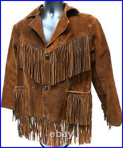 Men's Fringe Genuine Leather Western Style Coat Jacket Brown Small Size 36