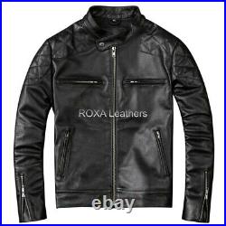Men's Genuine Cowhide Leather Jacket Motorcycle Biker Black Quilted Coat Stylish