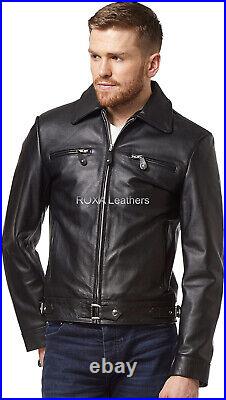 Men's Genuine Cowhide Pure Leather Jacket Motorcycle Cow Casual Wear Black Coat