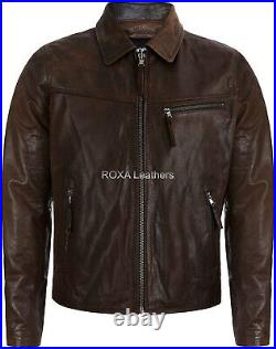 Men's Genuine Cowhide Real Leather Jacket Biker Cow Brown Outwear Coat Collared