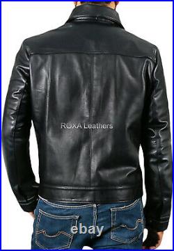 Men's Genuine Cowhide Real Leather Jacket Biker Cow Outwear Black Coat Collared