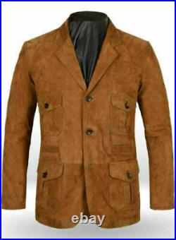 Men's Genuine Lamb suede Leather 3 Buttons Brown Premium Slim Blazer Coat Jacket