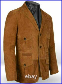 Men's Genuine Lamb suede Leather 3 Buttons Brown Premium Slim Blazer Coat Jacket