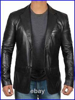 Men's Genuine Lambskin 100% Leather Blazer Soft TWO BUTTON Black Coat Jacket