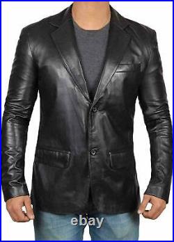 Men's Genuine Lambskin 100% Leather Blazer Soft TWO BUTTON Black Coat Jacket