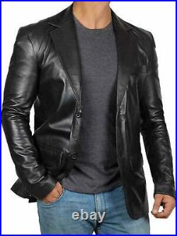 Men's Genuine Lambskin 100% Leather Blazer Soft TWO BUTTON Black Coat Jacket