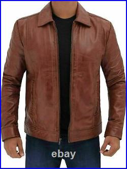 Men's Genuine Lambskin Biker Real Leather Jacket Brown Collar Zip Coat RX85