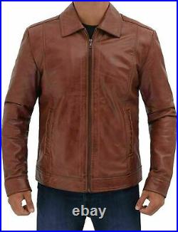 Men's Genuine Lambskin Biker Real Leather Jacket Brown Collar Zip Coat RX85