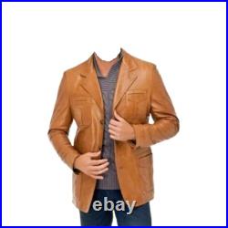 Men's Genuine Lambskin Leather Blazer Tan Brown Vintage Three Button Jacket Coat