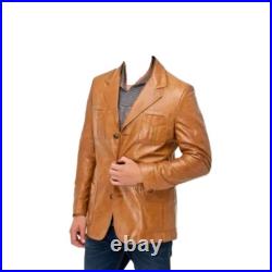 Men's Genuine Lambskin Leather Blazer Tan Brown Vintage Three Button Jacket Coat