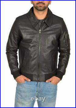 Men's Genuine Lambskin Leather Jacket Motorcycle Biker Basic Black Collared Coat
