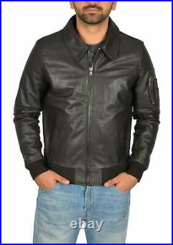 Men's Genuine Lambskin Leather Jacket Motorcycle Biker Basic Collared Black Coat