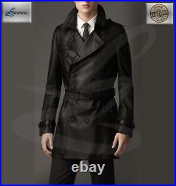 Men's Genuine Lambskin Leather Trench Coat Long Coat Stylish Belted Black Jacket