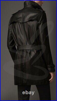 Men's Genuine Lambskin Leather Trench Coat Long Coat Stylish Belted Black Jacket