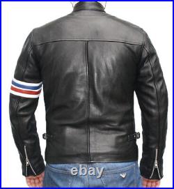 Men's Genuine Lambskin Pure Leather Jacket Western Biker Black Coat with Strip