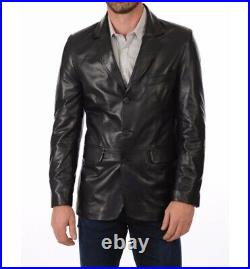 Men's Genuine Lambskin Pure Real Leather Blazer THREE BUTTON Coat Black Jacket
