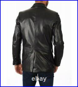Men's Genuine Lambskin Pure Real Leather Blazer THREE BUTTON Coat Black Jacket