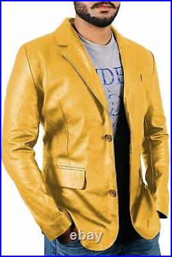 Men's Genuine Lambskin Real Leather Blazer TWO BUTTON Stylish Jacket Yellow Coat