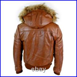 Men's Genuine Leather Brown Bomber Jacket Faux Fur Removable Hooded Winter Coat