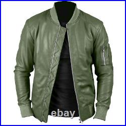 Men's Genuine Leather Olive Green Lambskin Bomber Biker Jacket Casual Wear Coat