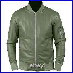 Men's Genuine Leather Olive Green Lambskin Bomber Biker Jacket Casual Wear Coat