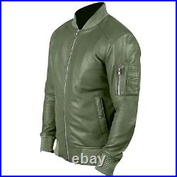 Men's Genuine Leather Olive Green Lambskin Bomber Biker Jacket Casual Wear Coat