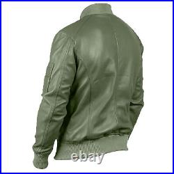 Men's Genuine Leather Olive Green Lambskin Bomber Biker Jacket Casual Wear Coat