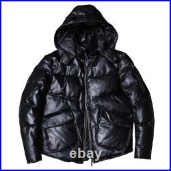 Men's Genuine Sheepskin Quilted Padded Detachable Hood Puffer Leather Jacket