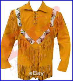 Men's Golden Suede Western Cowboy Leather Jacket with Fringe, and Beads