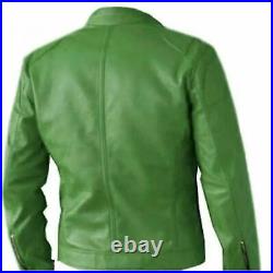Men's Green Biker Jacket 100% Genuine Sheepskin Leather Stylish Moto Jacket Coat