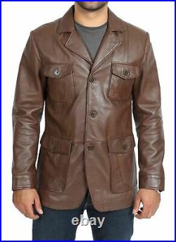Men's Handmade Real Lambskin Leather Soft Blazer Jacket Three Button Brown Coat