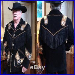 Men's Handmade Western Genuine Suede Leather Jacket with Fringe Bone & Studs