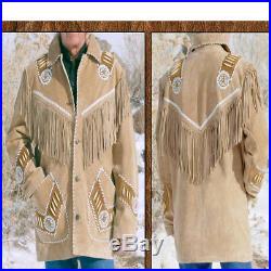 Men's Handmade Western Genuine Suede Leather Jacket with Fringe Bone & Studs