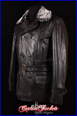 Men's KRIEGSMARINE FUR COLLAR German Jacket Pea Coat Black Real Cowhide Leather