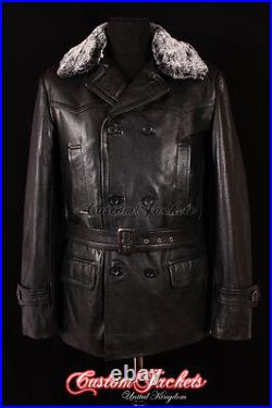 Men's KRIEGSMARINE FUR COLLAR German Jacket Pea Coat Black Real Cowhide Leather