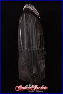 Men's KRIEGSMARINE FUR COLLAR German Jacket Pea Coat Black Real Cowhide Leather