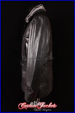 Men's KRIEGSMARINE FUR COLLAR German Jacket Pea Coat Black Real Cowhide Leather