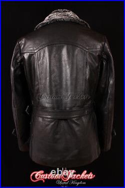 Men's KRIEGSMARINE FUR COLLAR German Jacket Pea Coat Black Real Cowhide Leather