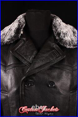 Men's KRIEGSMARINE FUR COLLAR German Jacket Pea Coat Black Real Cowhide Leather