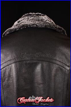 Men's KRIEGSMARINE FUR COLLAR German Jacket Pea Coat Black Real Cowhide Leather